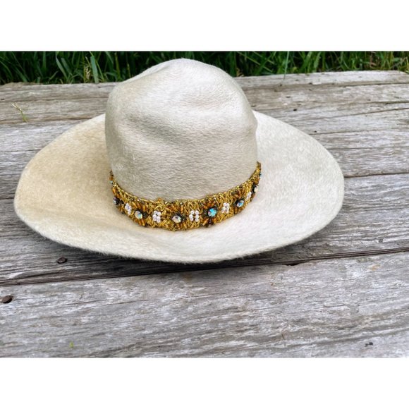 Vintage 1960s Felted Wool Bucket Hat Rhinestone Pearl Band Helios Jan Leslie - Picture 9 of 16